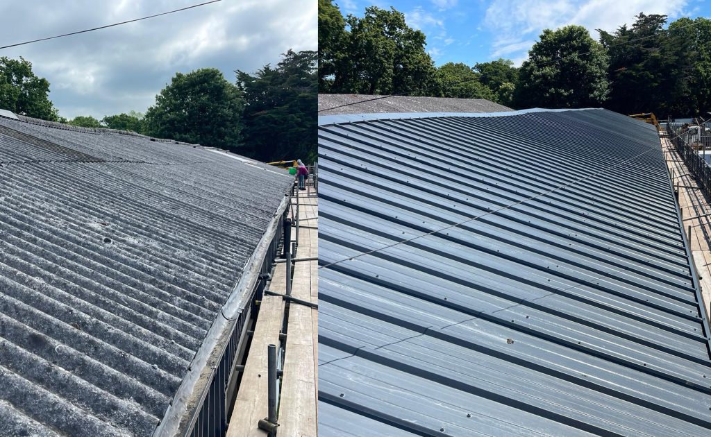 Before and after. Fibre cement removal, replaced with KS1000RW 80mm insulated core roof panels. Sheffield Wickham.